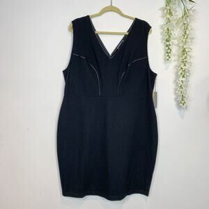 NWT TART sleeveless black bodycon dress double v neck vegan leather piping 2219